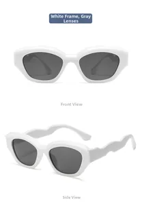 Detail view of white wavy frame sunglasses with grey lenses for kids and teens