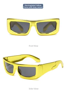 Vues de face et de profil de lunettes de soleil futuristes avec monture jaune et verres gris