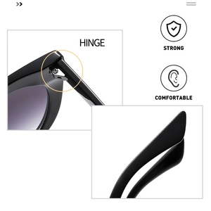 Detailed view of cat eye sunglasses featuring durable metal hinges and purple gradient lenses