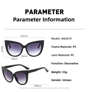 Detailed size chart for cat-eye sunglasses with glitter finish and PC frame dimensions