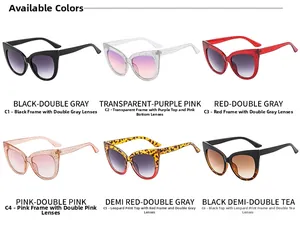 Overview of six cat eye glitter sunglasses with gradient lenses in various color frames