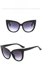 Detailed front and side view of cat-eye sunglasses with black frame and purple lenses