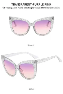 Cat eye glitter sunglasses with purple gradient lenses showing front and side views