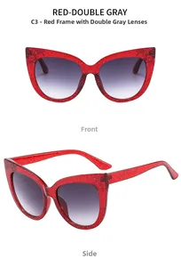 Front and side view of cat-eye sunglasses with red glitter frames and grey gradient lenses