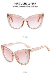 Detailed view of pink glitter cat eye sunglasses with gradient lenses and front side angles