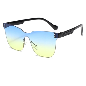 Kids frameless sunglasses with blue yellow gradient lenses and black textured temples