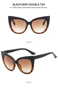 Detailed front and side views of cat-eye sunglasses with black and tortoise frame