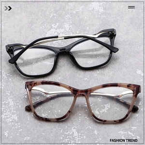 Detail view of cat-eye TR90 frames in black and tortoise with gold metal temples