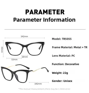 Detailed size specifications for black cat-eye TR90 frames with golden metal legs
