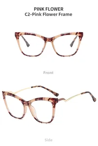 Detailed front and side view of pink floral cat eye TR90 frames with wavy gold metal temples