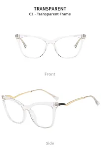 Detailed front and side views of transparent cat-eye TR90 frames with champagne gold legs