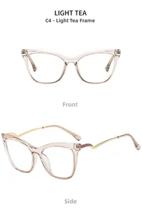 Detail view of light tea TR90 cat eye frames with golden metal temples and side view
