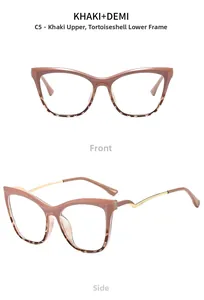 Detailed macro view of khaki and demi cat-eye frames with elegant gold metal curved temples