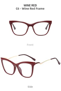 Front and side view of wine red cat eye glasses with gold metal temples and TR90 frame