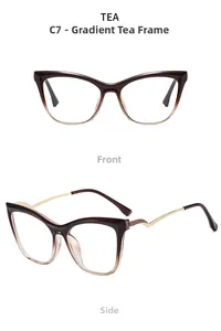 Detailed views of gradient tea TR90 cat eye frames with metallic zigzag temples