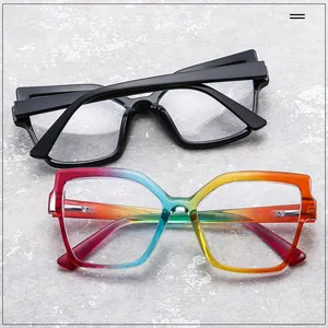 Detail view of bold rainbow and black eyeglass frames with model number W68132