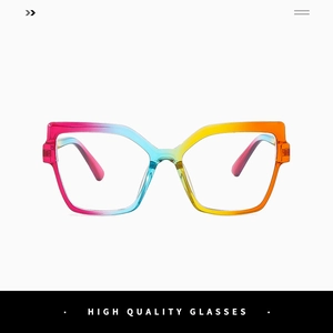 Detail of rainbow gradient square eyewear frame with vibrant colorful transparent finish