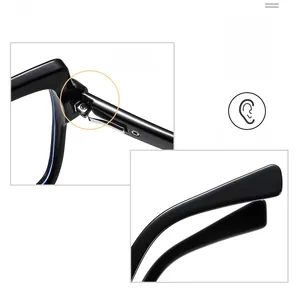 Close-up of durable metal hinge and comfortable temple curves of the black eyeglass frame