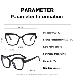 Detailed size chart for cat eye blue light blocking glasses with Metal and PC frame