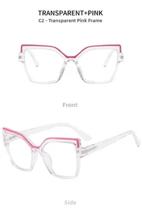 Detailed front and side view of cat-eye glasses in transparent and pink color block frame