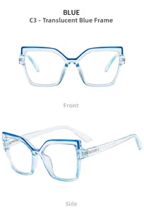 Detail view of transparent blue cat-eye glasses frame with CE certification text