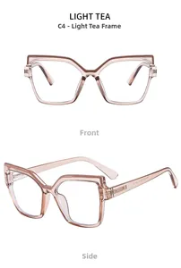 Front and side view of light tea translucent cat-eye frame blue light blocking glasses