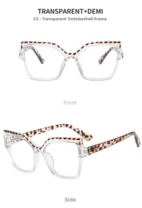Front and side view of cat-eye glasses frames in transparent and demi tortoiseshell finish