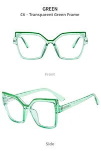 Front and side view of transparent green cat-eye optical glasses frame with metal hinge