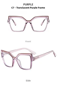 Detailed front and side view of transparent purple cat-eye blue light blocking glasses