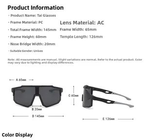 Size chart showing large frame cycling sunglasses dimensions with PC frame and AC lens details
