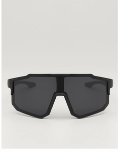 Front view of matte black oversized sports sunglasses with geometric frames and dark lenses