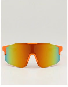 Front view of large frame sports sunglasses with vibrant orange frame and gradient lenses