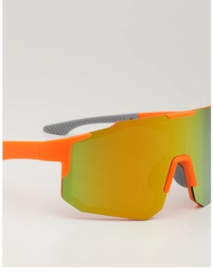 Detail of orange sports sunglasses showing anti-slip temples and mirrored lens