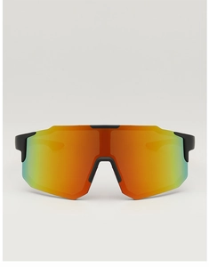Close-up of polarized colorful gradient mirror lens on sports cycling sunglasses