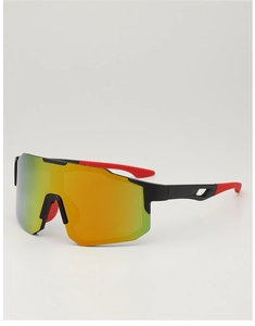 Detail of colorful cycling sunglasses with black frame and red temples for outdoor sports