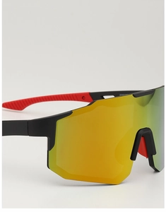 Detail view of sports sunglasses featuring red rubber nose pads and matte black frame finish