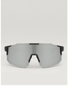 Detail of outdoor sports cycling sunglasses featuring a black frame and silver mirrored lens