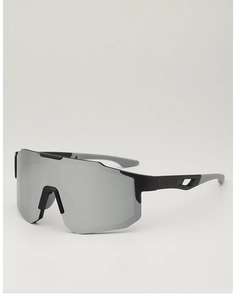 Detailed side view of sports sunglasses featuring silver mirror lenses and matte black frame