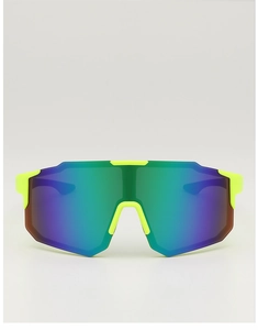 Detail of fluorescent green sports sunglasses with large colorful polarized visor lens