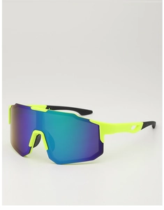 Macro detail of ergonomic fluorescent yellow frames with gradient purple sports lenses