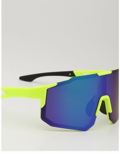 Detail view of fluorescent yellow sports sunglasses with large blue mirrored lens