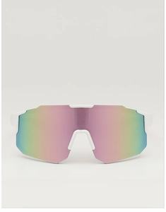 Detailed macro shot of the iridescent polarized lens on the white cycling sunglasses