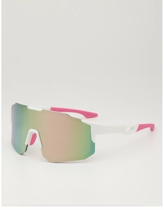 Detail of white sports sunglasses featuring pink anti-slip pads and colorful mirrored lens