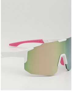 Detail of white sports sunglasses with large green-gold mirrored lens and pink non-slip tips