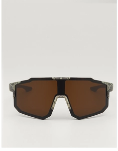 Close-up of camouflage frame texture on sporty oversized wraparound brown sunglasses