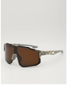 Detail of camouflage cycling sunglasses frame with non-slip gray temple tips and brown lens