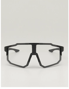 Detail view of matte black sports glasses frame with anti-slip wave textured temples