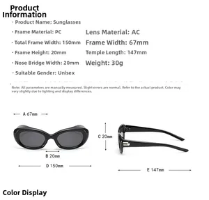 Detailed size chart showing dimensions for black cat eye sunglasses with grey lenses