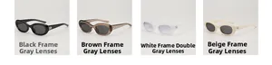 Detail view of cat eye Y2K sunglasses in four colors black brown white and beige