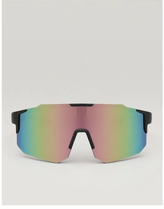 Detail view of oversized cycling sunglasses with iridescent gradient reflective lenses